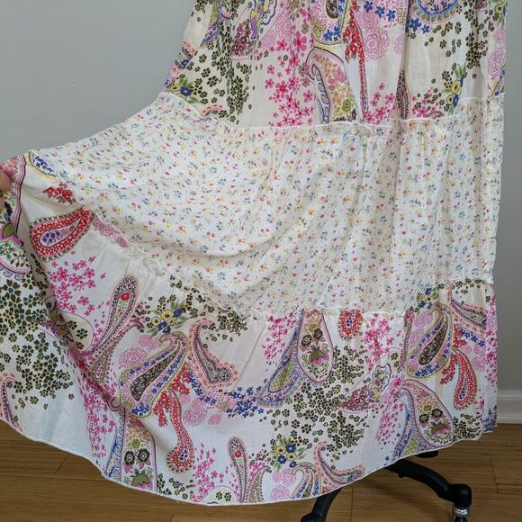 Y2K Maxi Dress M Brown White Babydoll Floral Boho Hippie Tiered Beachy - Picture 4 of 9